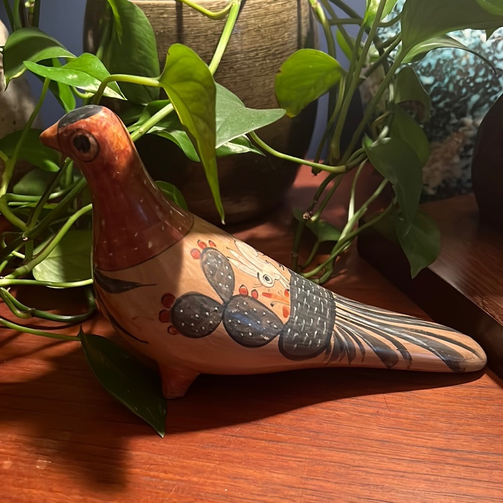 Vintage Tonalo Mexican pigeon with rabbit desert painting on back
